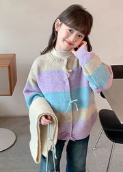 Beautiful Colorblock O-Neck Button Cotton Knit Girls Cardigan Spring