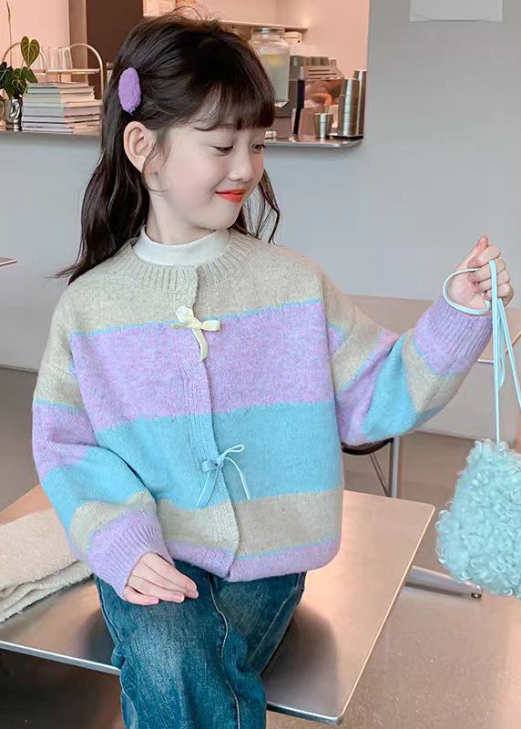 Beautiful Colorblock O-Neck Button Cotton Knit Girls Cardigan Spring