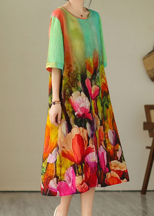 Beautiful Colorblock O Neck Print Patchwork Cotton Dress Summer