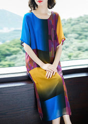 Beautiful Colorblock O Neck Side Open Patchwork Chiffon Dress Summer