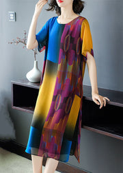 Beautiful Colorblock O Neck Side Open Patchwork Chiffon Dress Summer