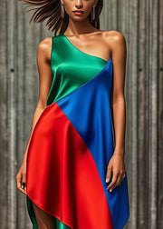 Beautiful Colorblock One Shoulder Asymmetrical Patchwork Silk Holiday Dress Summer