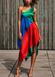 Beautiful Colorblock One Shoulder Asymmetrical Patchwork Silk Holiday Dress Summer