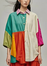 Beautiful Colorblock Oversized Patchwork Cotton Blouse Tops Bracelet Sleeve