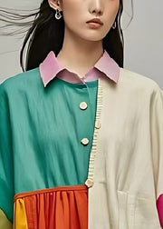 Beautiful Colorblock Oversized Patchwork Cotton Blouse Tops Bracelet Sleeve