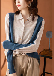 Beautiful Colorblock Peter Pan Collar Patchwork Cashmere Cardigans Spring