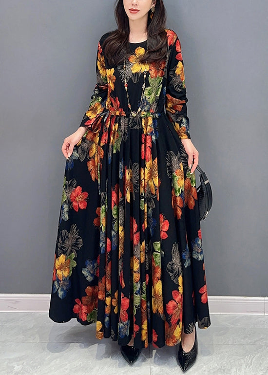 Beautiful Colorblock Print Wrinkled Patchwork Cotton Long Dress Fall