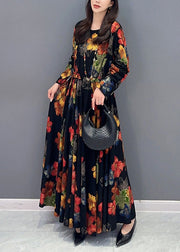 Beautiful Colorblock Print Wrinkled Patchwork Cotton Long Dress Fall