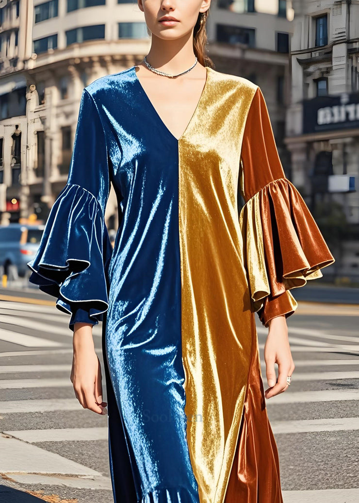 Beautiful Colorblock V Neck Patchwork Velvet Long Dresses Butterfly Sleeve