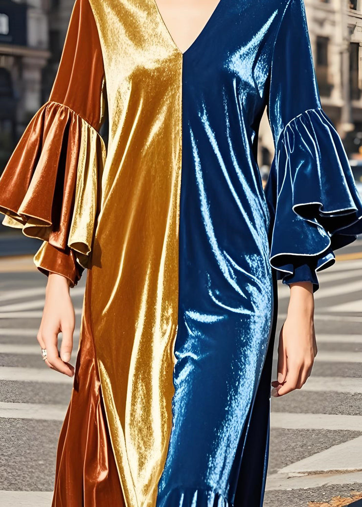 Beautiful Colorblock V Neck Patchwork Velvet Long Dresses Butterfly Sleeve