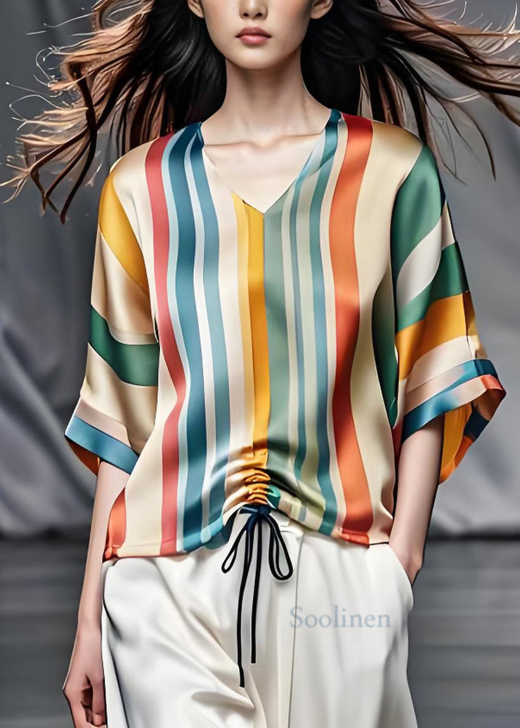 Beautiful Colorblock V Neck Striped Cinched Silk Top Summer