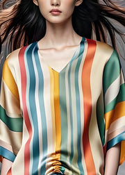 Beautiful Colorblock V Neck Striped Cinched Silk Top Summer