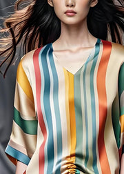 Beautiful Colorblock V Neck Striped Cinched Silk Top Summer