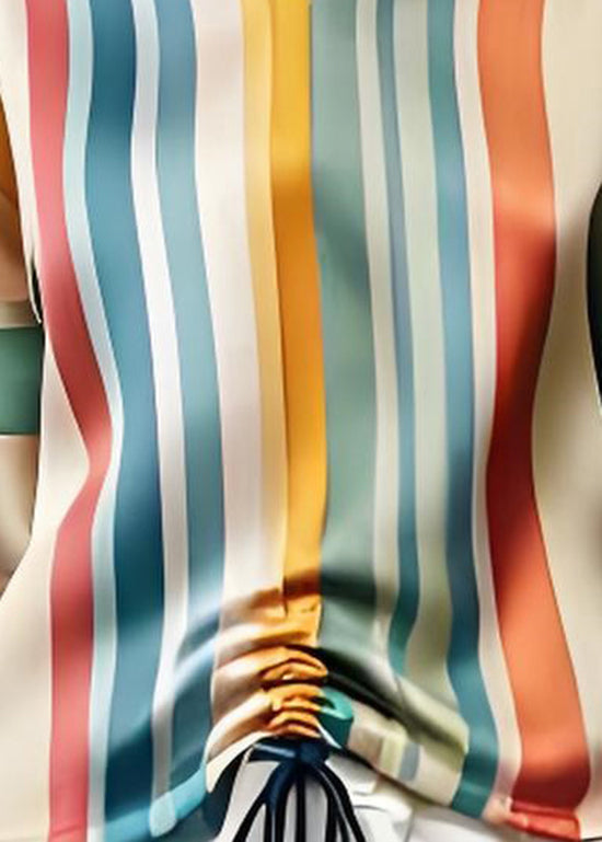 Beautiful Colorblock V Neck Striped Cinched Silk Top Summer