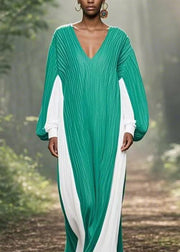 Beautiful Colorblock V Neck Wrinkled Chiffon Long Dresses Spring