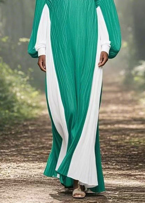 Beautiful Colorblock V Neck Wrinkled Chiffon Long Dresses Spring