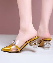 Beautiful Crystal Chunky Heel Yellow Zircon Faux Leather Slide Sandals