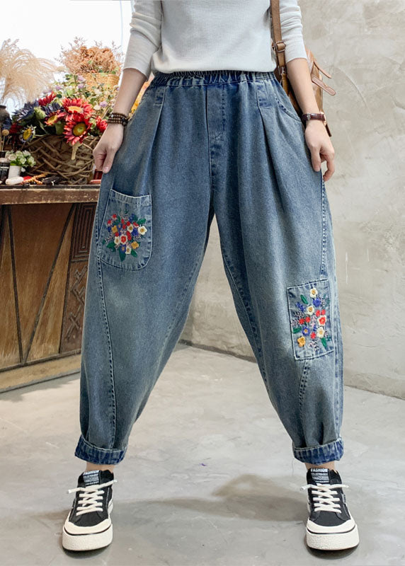 Beautiful Denim Blue Floral Embroideried Elastic Waist Pockets Cotton Harem Pants Summer