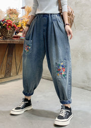 Beautiful Denim Blue Floral Embroideried Elastic Waist Pockets Cotton Harem Pants Summer