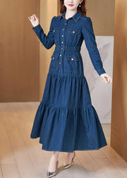 Beautiful Denim Blue Peter Pan Collar Patchwork Wrinkled Tunic Button Cotton Maxi Dresses Long Sleeve