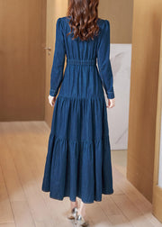 Beautiful Denim Blue Peter Pan Collar Patchwork Wrinkled Tunic Button Cotton Maxi Dresses Long Sleeve