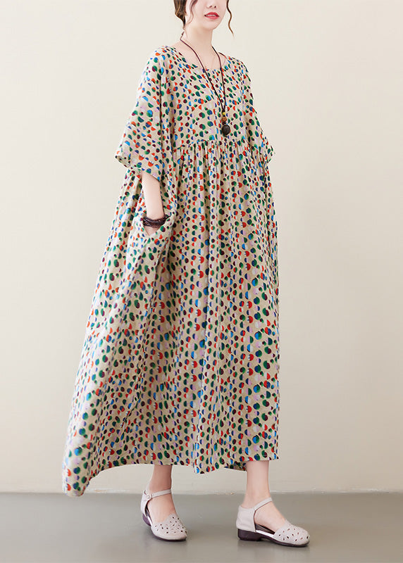 Beautiful Dot Print Patchwork Cotton Vacation Long Dresses Short Sleeve