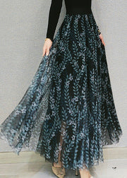 Beautiful Dull Green Print Elastic Waist Tulle Maxi Skirts Spring