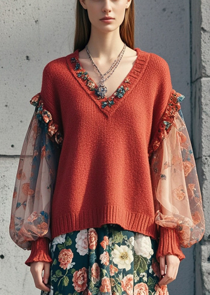 Beautiful Dull Red Ruffled Patchwork Print Short Sweater Lantern Sleeve