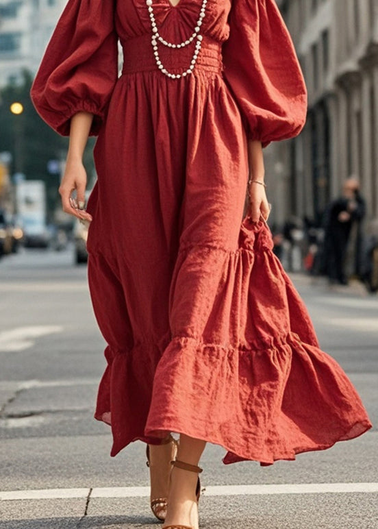 Beautiful Dull Red V Neck Exra Large Hem Silm Fit Dress Lantern Sleeve