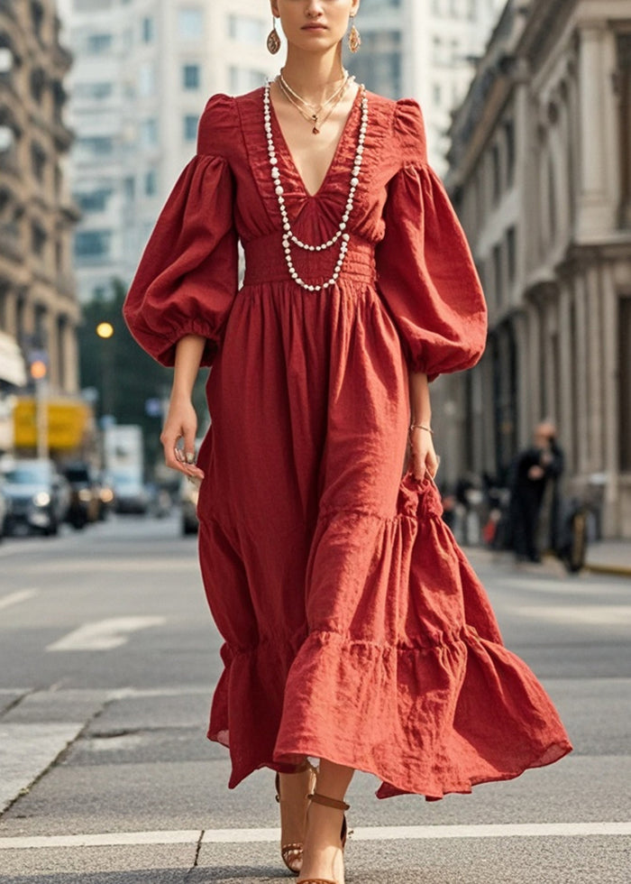 Beautiful Dull Red V Neck Exra Large Hem Silm Fit Dress Lantern Sleeve