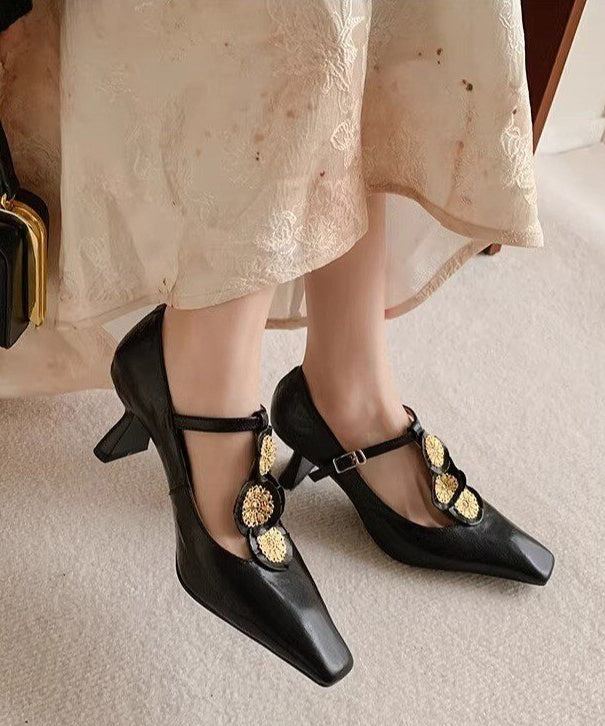Beautiful Gold Buckle Strap Decorated Splicing Heels Shoes