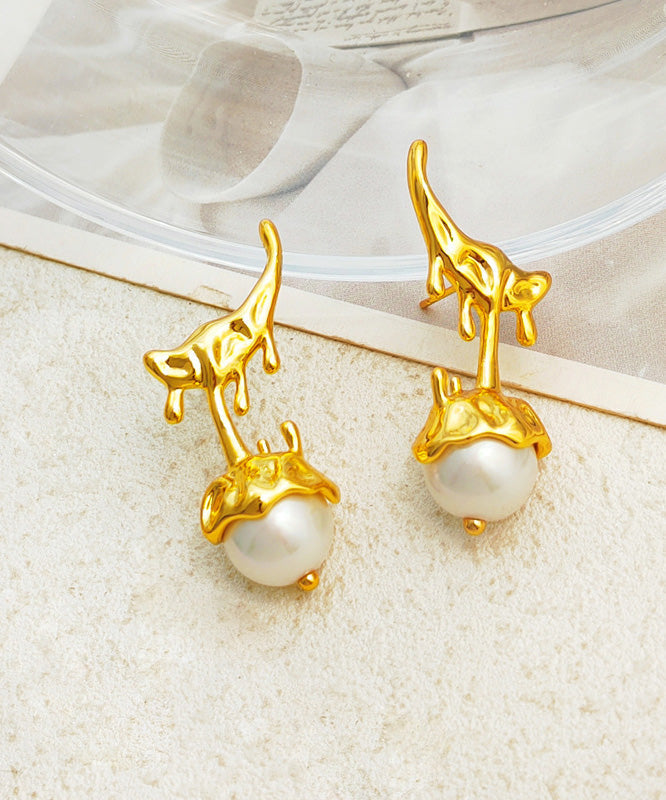 Beautiful Gold Copper Overgild Glass Pearl Stud Earrings