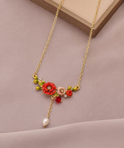 Beautiful Gold Sterling Silver Alloy Pearl Floral Tassel Pendant Necklace