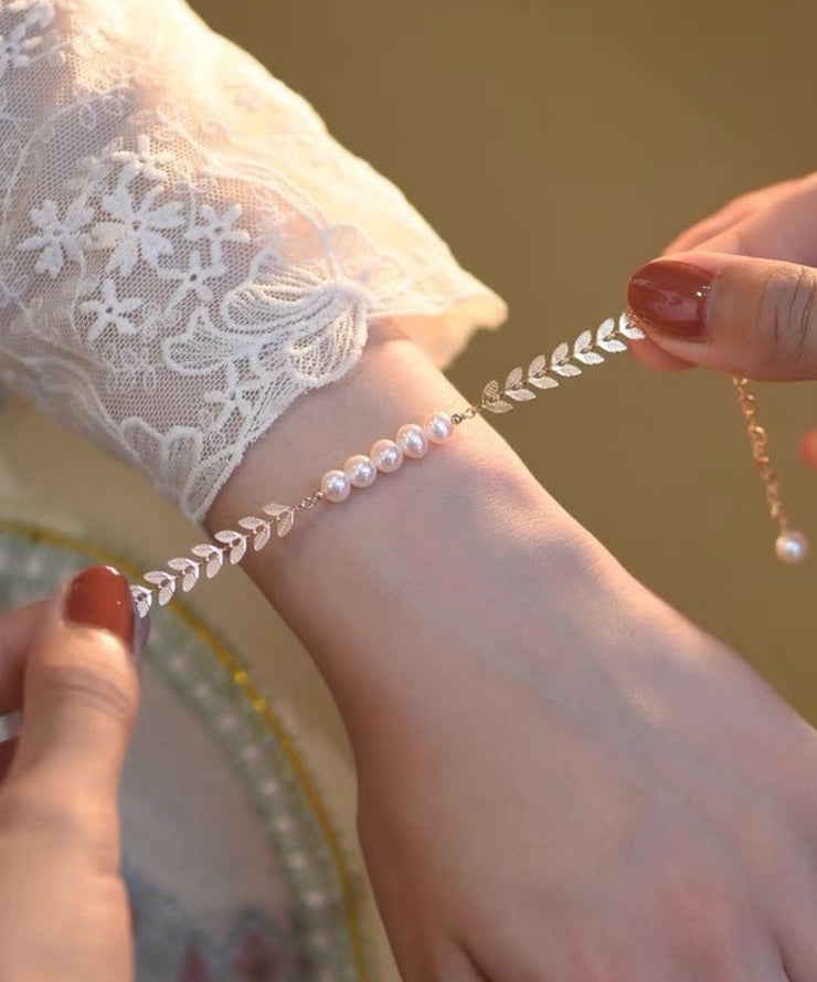 Beautiful Gold Sterling Silver Alloy Pearl Leaves Tassel Charm Bracelet