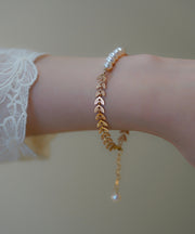 Beautiful Gold Sterling Silver Alloy Pearl Leaves Tassel Charm Bracelet