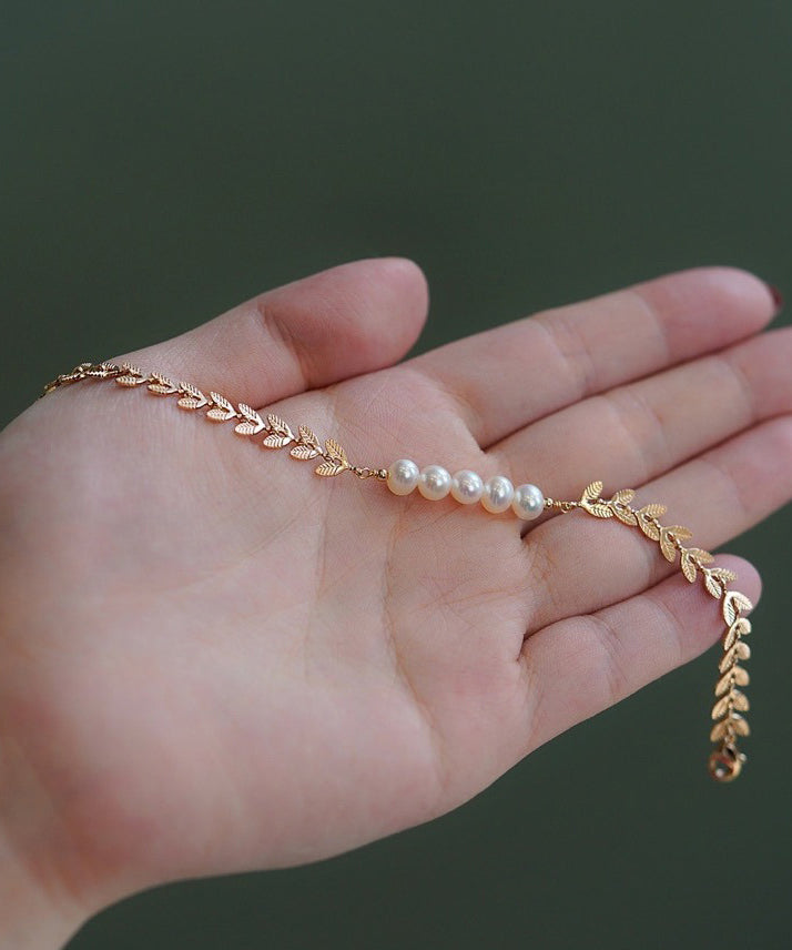 Beautiful Gold Sterling Silver Alloy Pearl Leaves Tassel Charm Bracelet