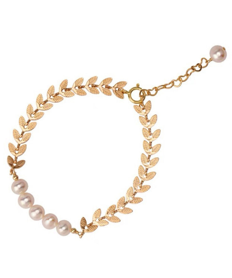 Beautiful Gold Sterling Silver Alloy Pearl Leaves Tassel Charm Bracelet