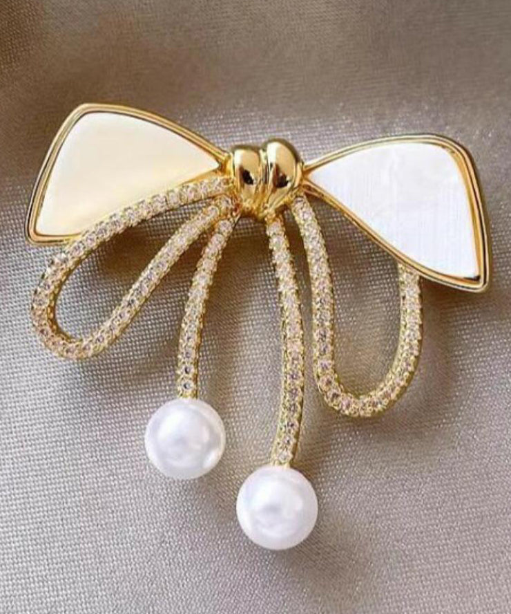 Beautiful Gold Sterling Silver Alloy Zircon Bow Pearl Brooches