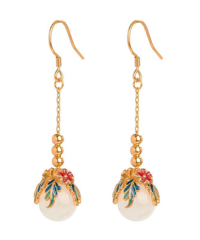 Beautiful Gold Sterling Silver Jade Enamel Floral Drop Earrings