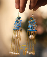 Beautiful Gold Sterling Silver Overgild Enamel Pearl Tassel Drop Earrings