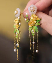 Beautiful Gold Sterling Silver Overgild Jade Floral Tassel Drop Earrings