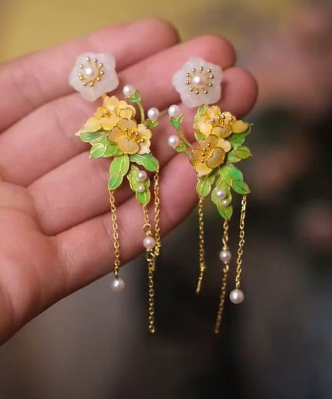 Beautiful Gold Sterling Silver Overgild Jade Floral Tassel Drop Earrings