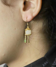 Beautiful Gold Sterling Silver Overgild Jade Tassel Drop Earrings