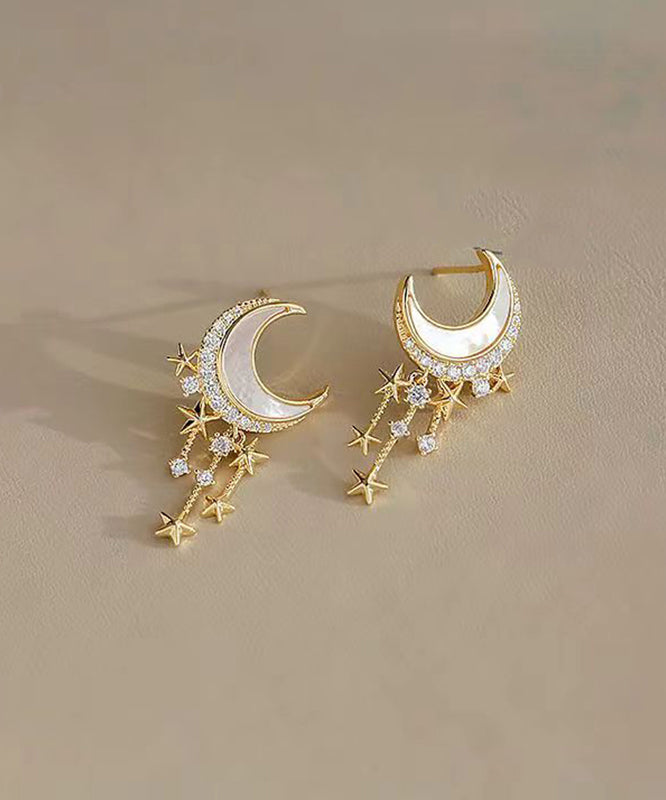 Beautiful Gold Sterling Silver Overgild Zircon Moon Star Drop Earrings