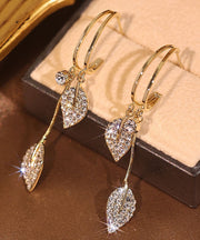 Beautiful Gold Sterling Silver Zircon Leaf Drop Earrings