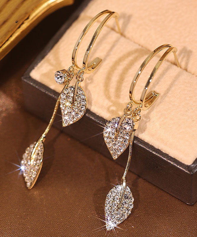 Beautiful Gold Sterling Silver Zircon Leaf Drop Earrings