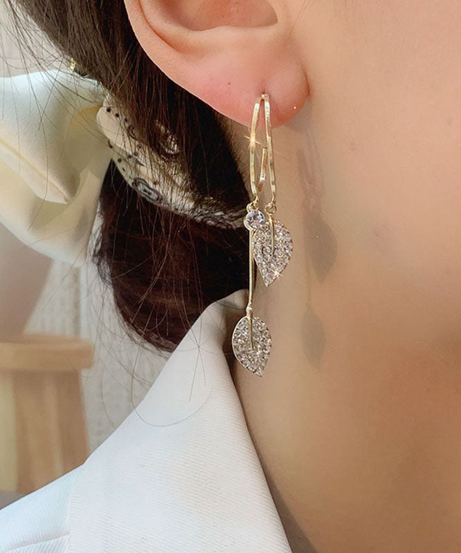 Beautiful Gold Sterling Silver Zircon Leaf Drop Earrings