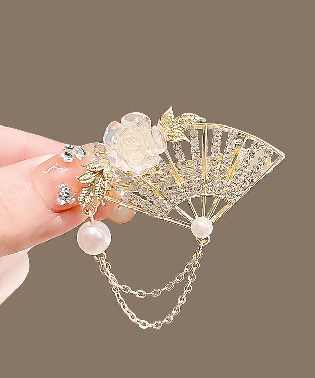 Beautiful Golden Yellow Alloy Crystal Pearl Floral Fan Tassel Duck Mouth Hairpin