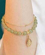 Beautiful Green 18K Gold Inlaid Jade Zircon Leaf Charm Bracelet