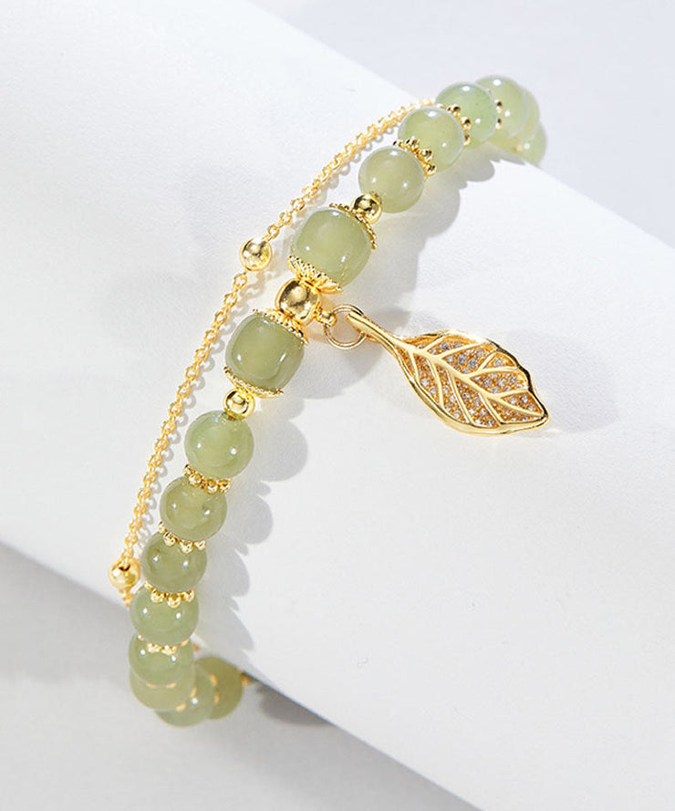 Beautiful Green 18K Gold Inlaid Jade Zircon Leaf Charm Bracelet